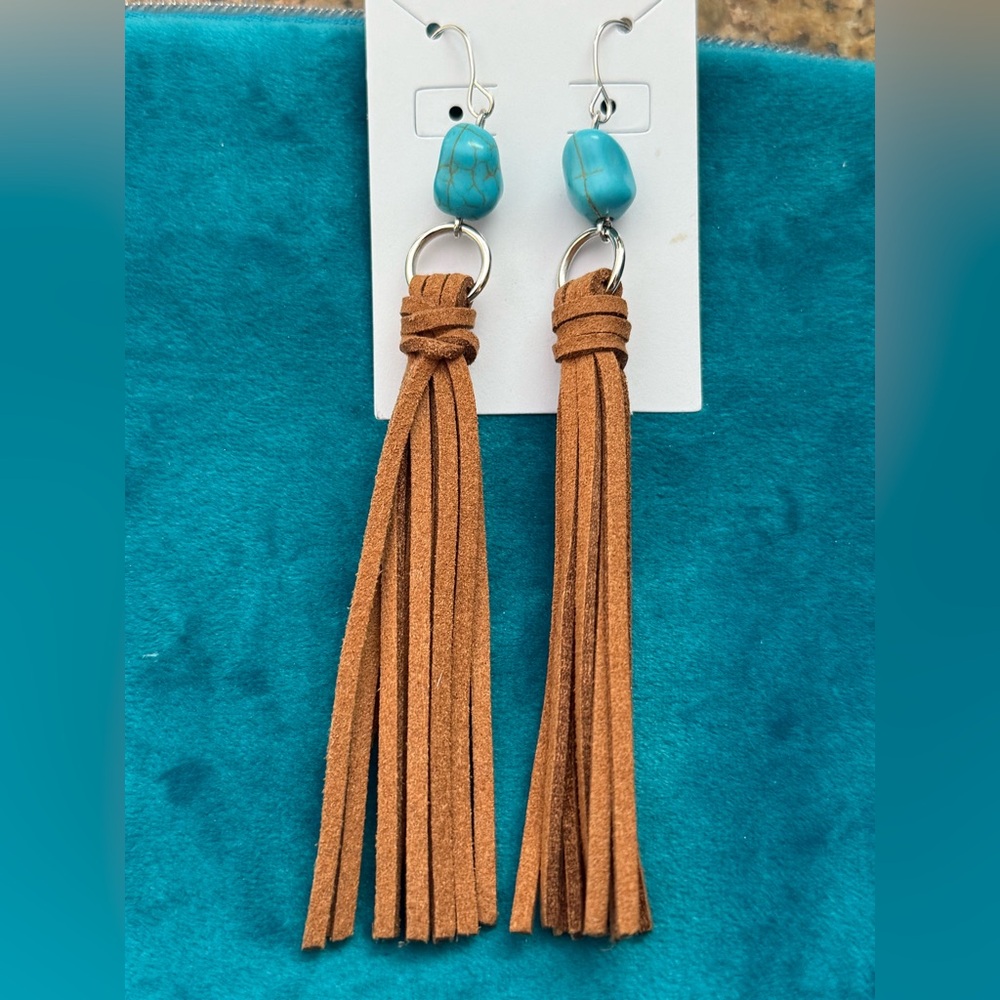 Boho Turquoise Stone & Brown Suede Tassel Earrings NEW